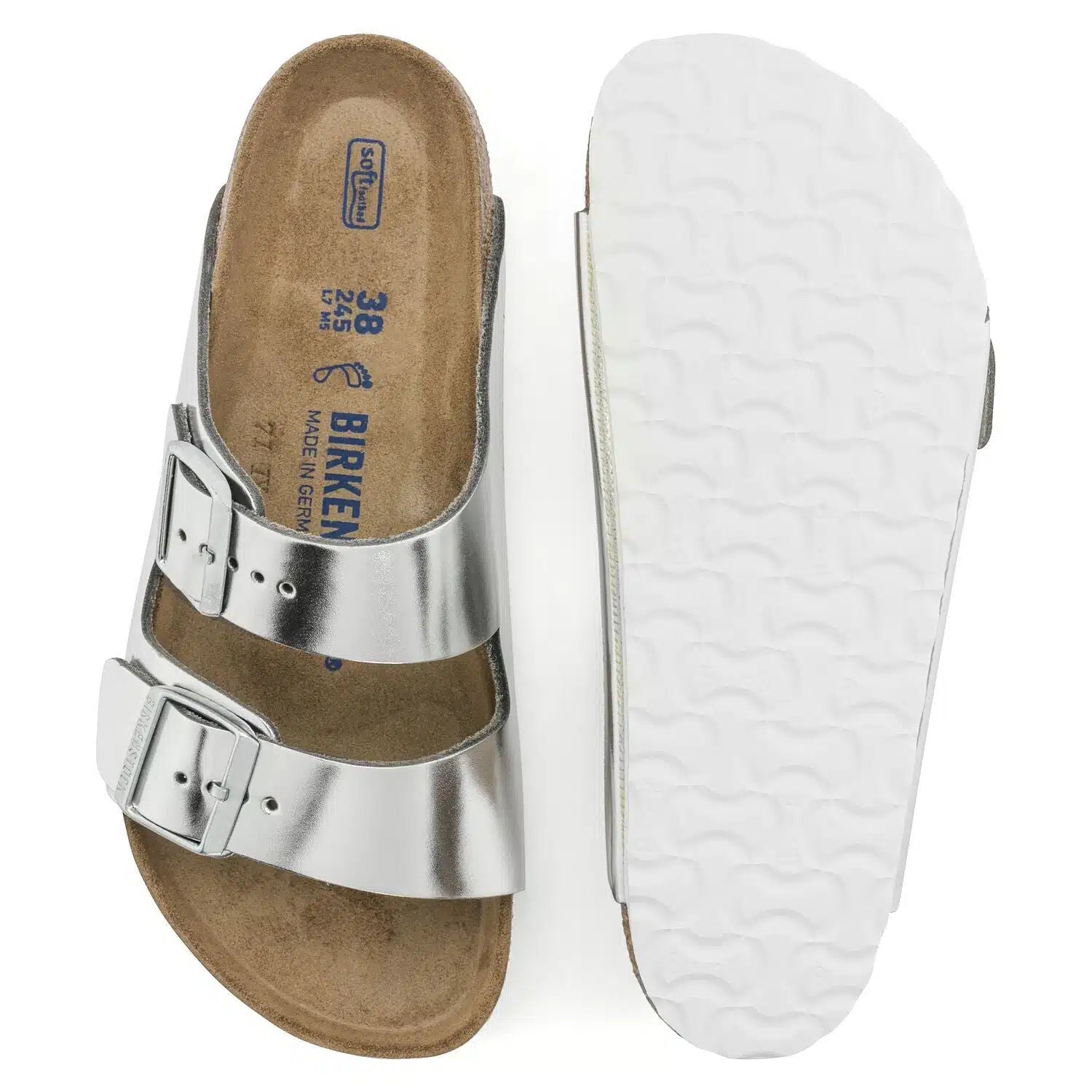 Birkenstock Arizona Soft Footbed Sandals in Silver Birko-Flor
