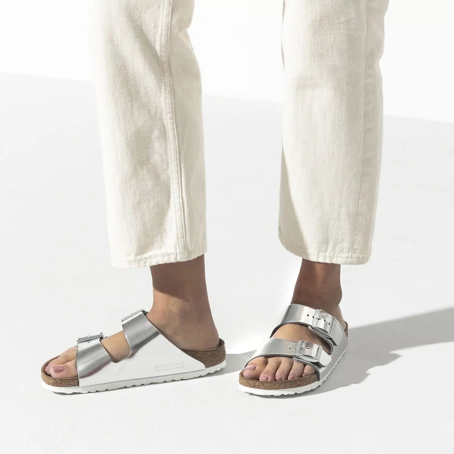 Birkenstock Arizona Soft Footbed Sandals in Silver Birko-Flor
