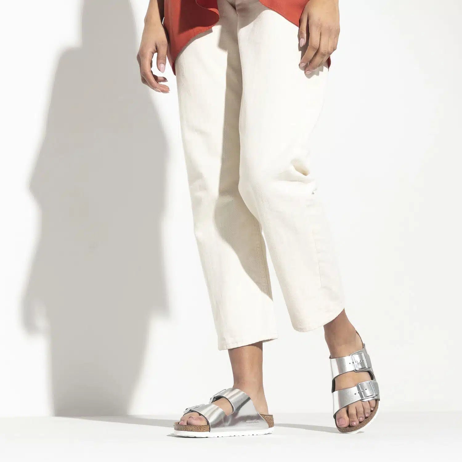 Birkenstock Arizona Soft Footbed Sandals in Silver Birko-Flor