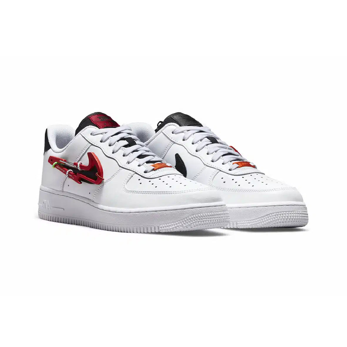 Nike Air Force 1 Low Sneakers: White with Red Swoosh & Carabiner
